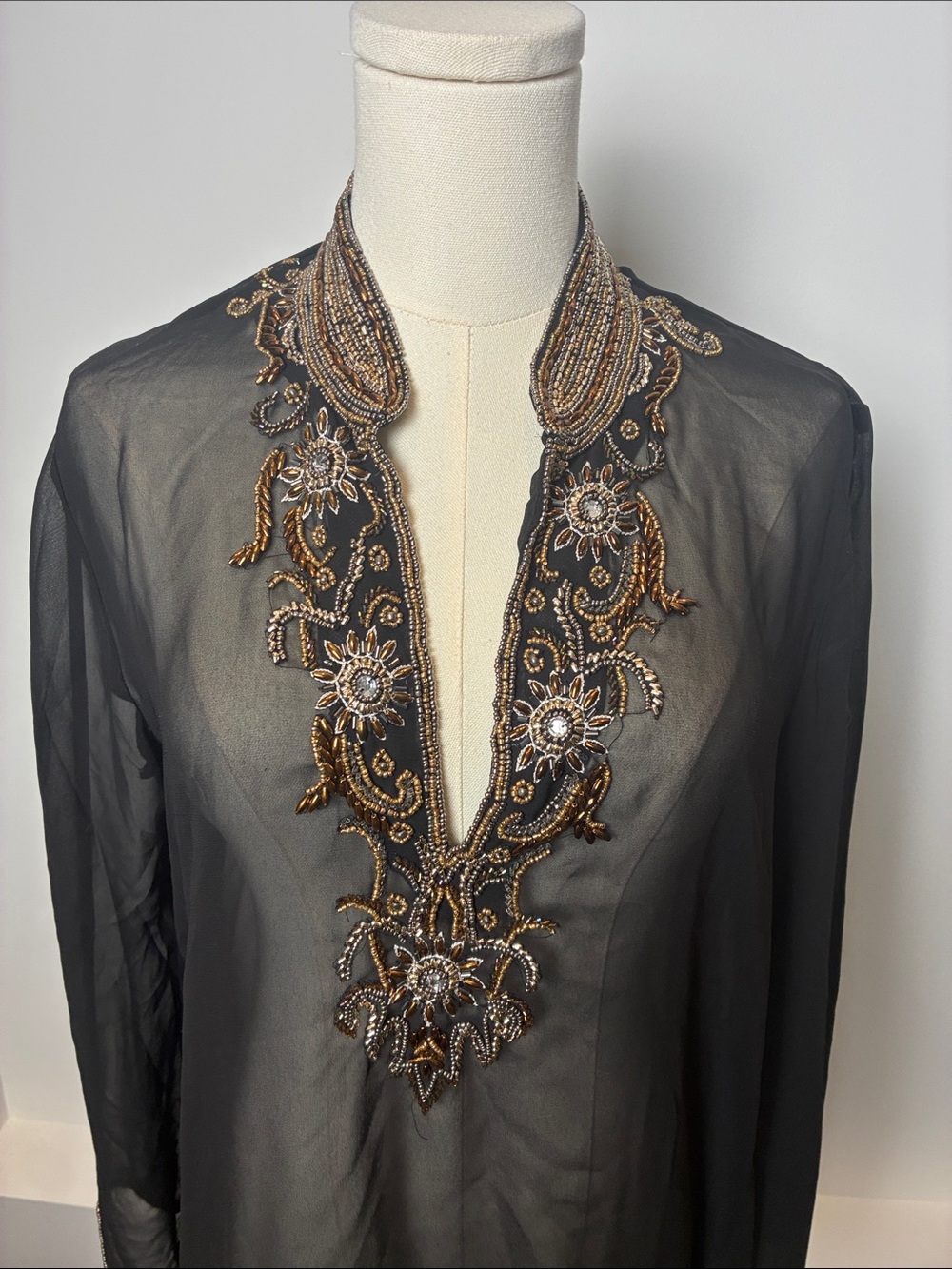Solitaire Sheer Black Embroidered V-Neck cover-up with Gold Beading